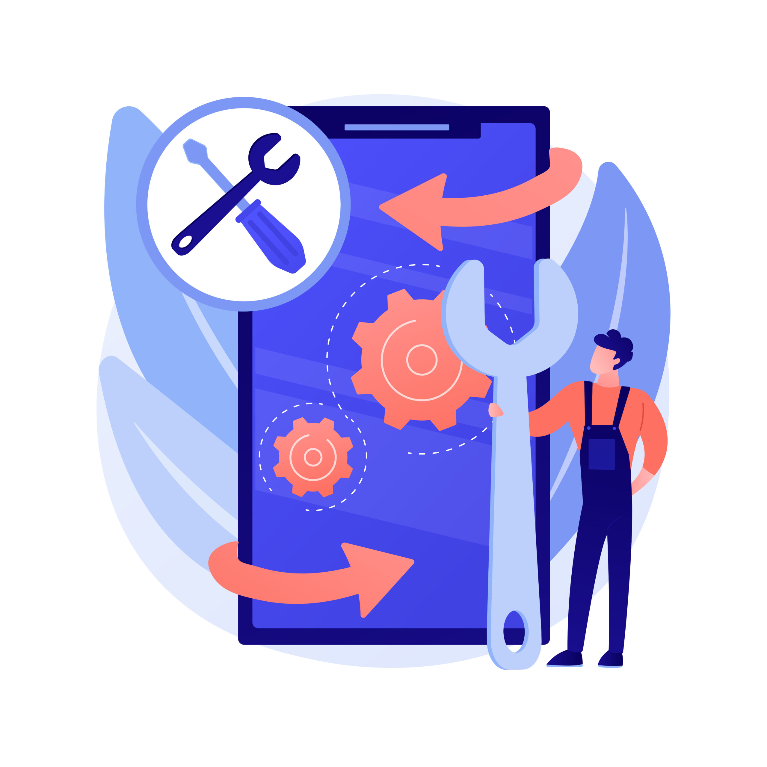 Mobile device repair abstract concept vector illustration. Mobile phone and tablet repair service, smartphone setup, device problem diagnostics, broken gadget, smartwatch fixing abstract metaphor.
