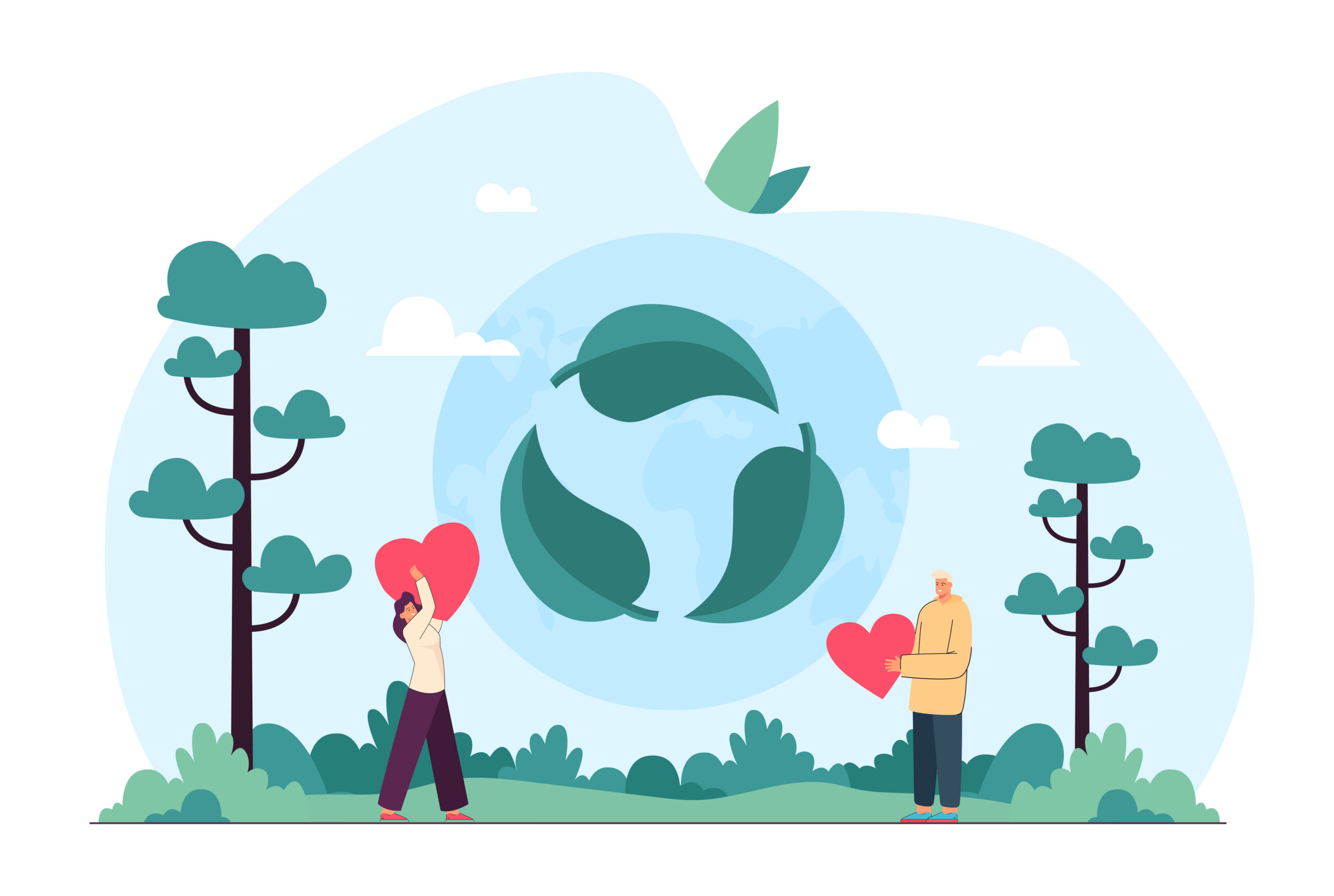 People with hearts fighting against pollution. Reuse, reduce, recycle symbol, green energy, zero waste, save Earth scene flat vector illustration. Recycling, eco friendly lifestyle concept for banner