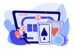 Businessman with smartphone playing poker online and casino table with cards and chips. Online poker, internet gambling, online casino rooms concept. Pinkish coral bluevector isolated illustration