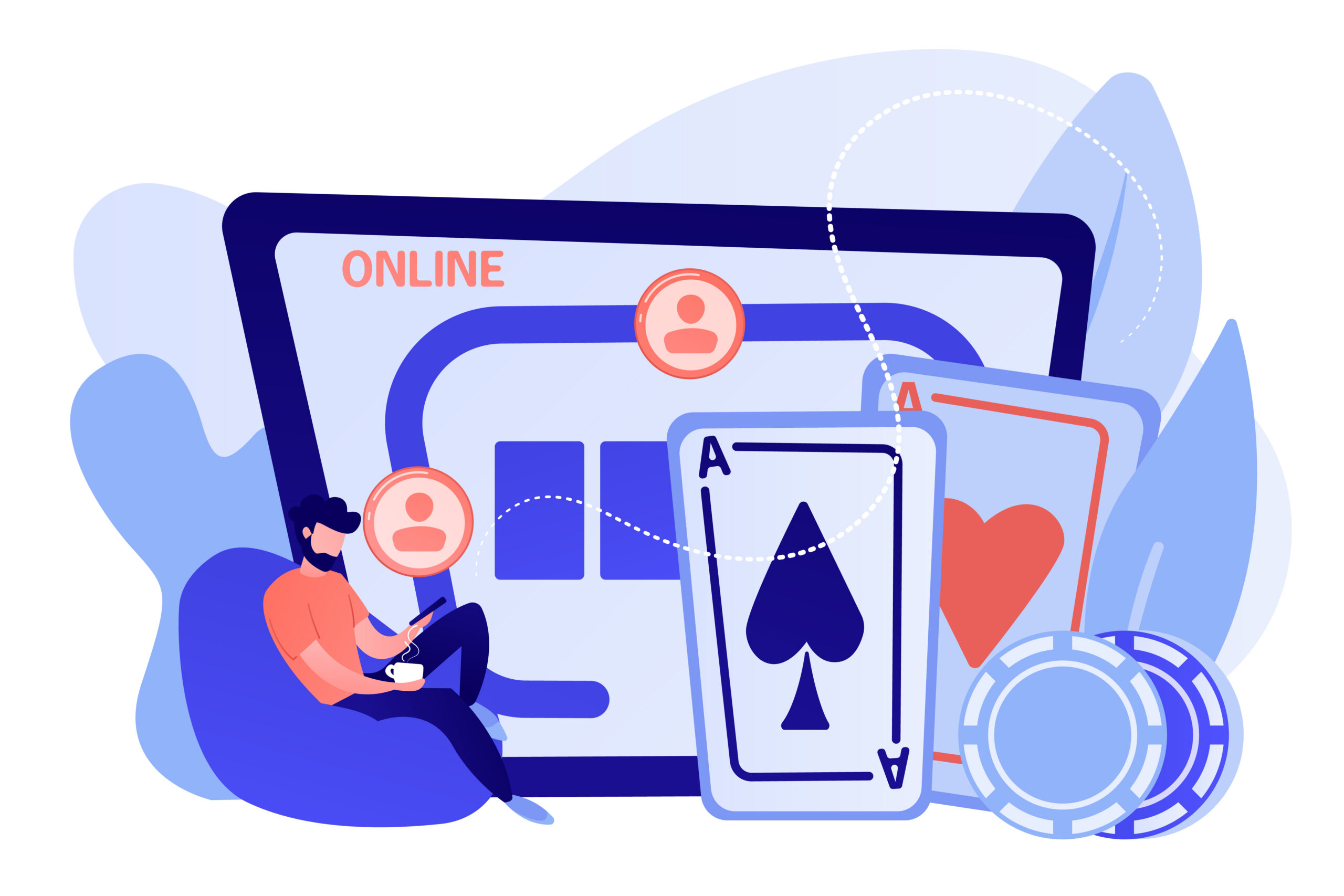 Businessman with smartphone playing poker online and casino table with cards and chips. Online poker, internet gambling, online casino rooms concept. Pinkish coral bluevector isolated illustration