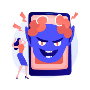 Jump scare advertising idea. Cyberbullying, online intimidation. Internet screamer, shock content, phone virus. Horror clown character. Vector isolated concept metaphor illustration