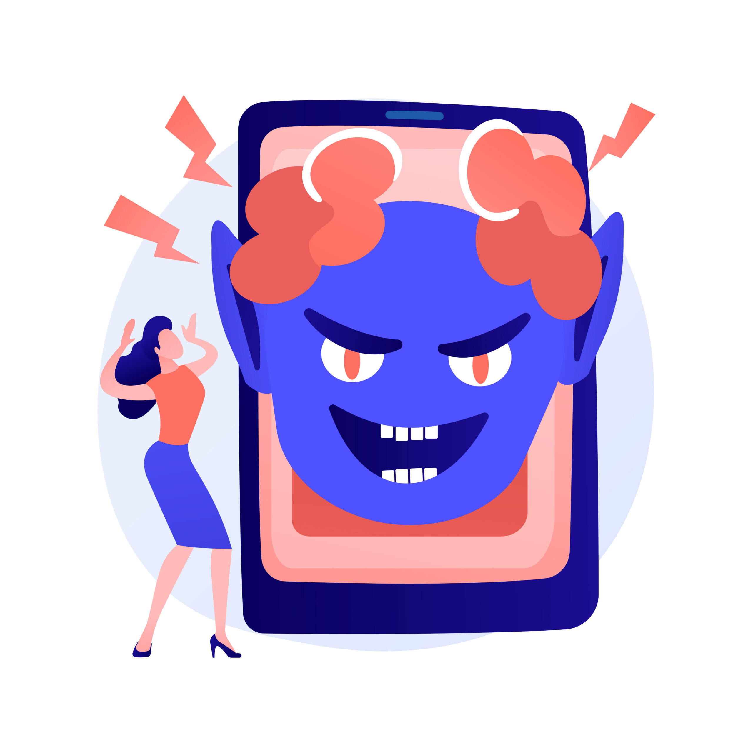 Jump scare advertising idea. Cyberbullying, online intimidation. Internet screamer, shock content, phone virus. Horror clown character. Vector isolated concept metaphor illustration