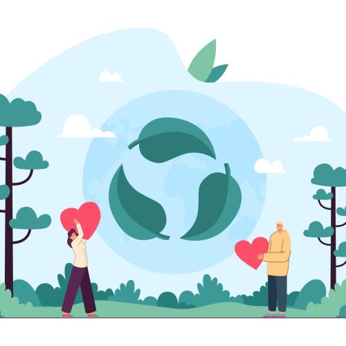 People with hearts fighting against pollution. Reuse, reduce, recycle symbol, green energy, zero waste, save Earth scene flat vector illustration. Recycling, eco friendly lifestyle concept for banner