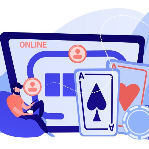 Businessman with smartphone playing poker online and casino table with cards and chips. Online poker, internet gambling, online casino rooms concept. Pinkish coral bluevector isolated illustration